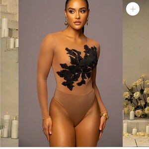 Black Charmed Embroidered Mesh Bodysuit